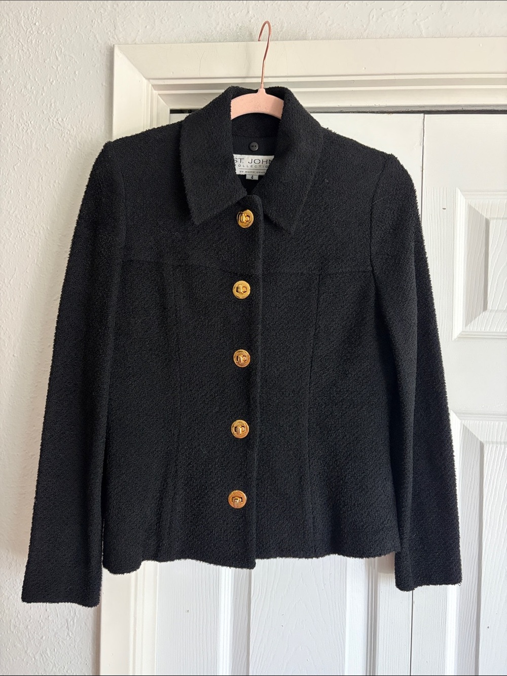 St. John Collection Marie Grey Black Boucle Button-Front Sweater Jacket